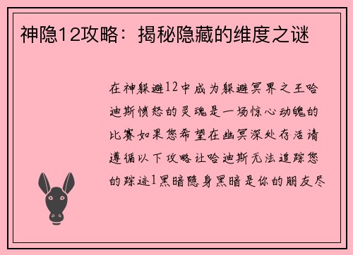 神隐12攻略：揭秘隐藏的维度之谜